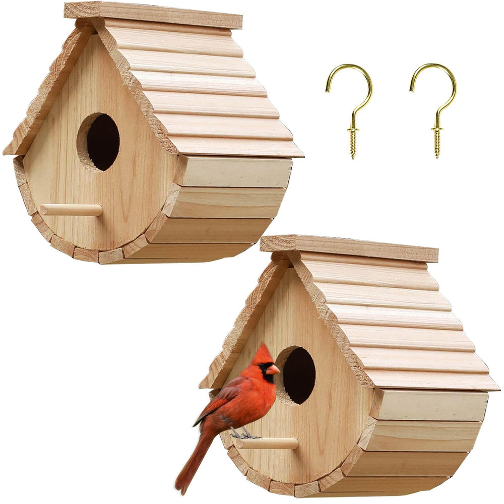 STARSWR front view of two hanging birdhouses showing natural finish and curb appeal
