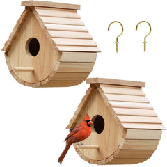 STARSWR front view of two hanging birdhouses showing natural finish and curb appeal