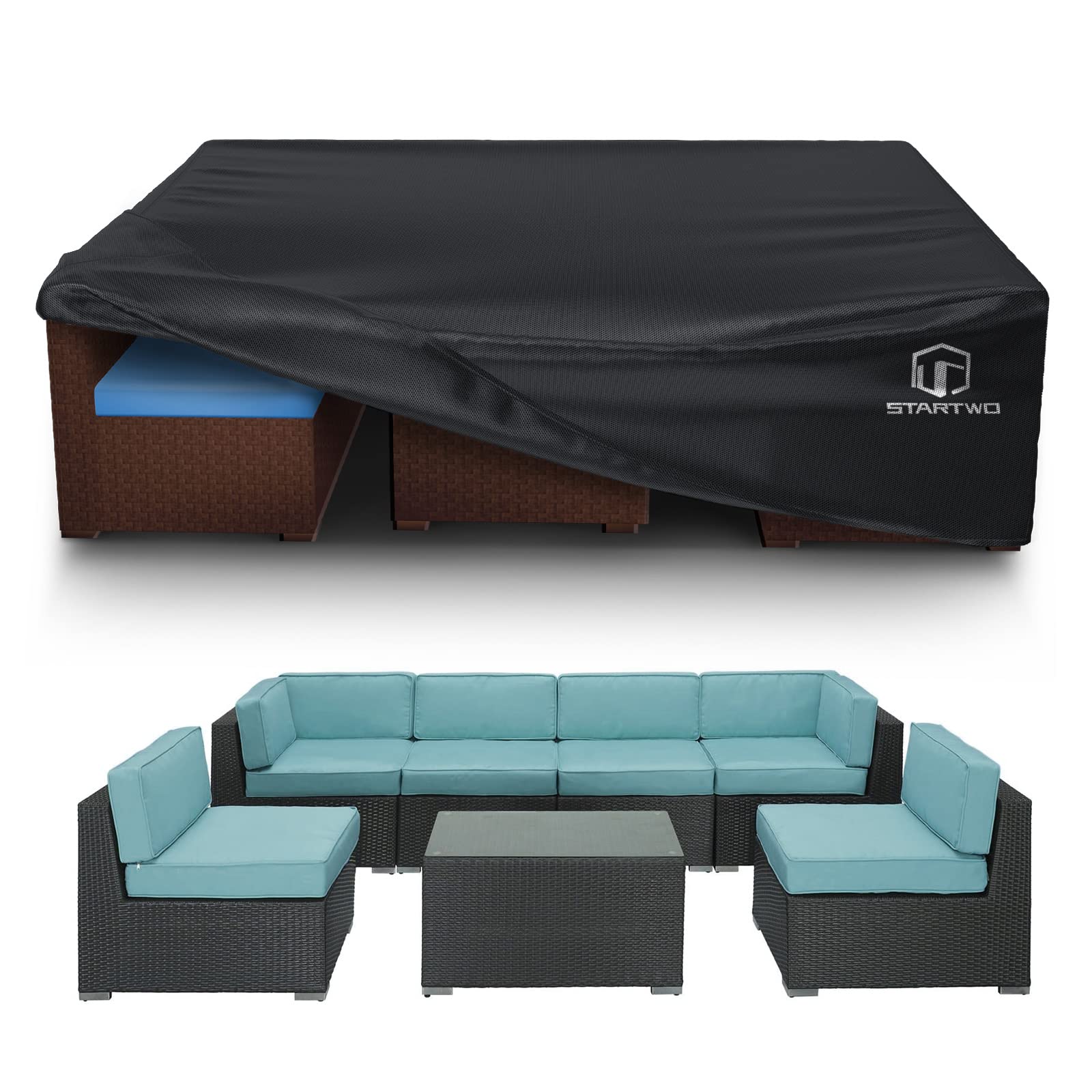 STARTWO front view of full 108x82x28 cover protecting a sectional, shows complete protection