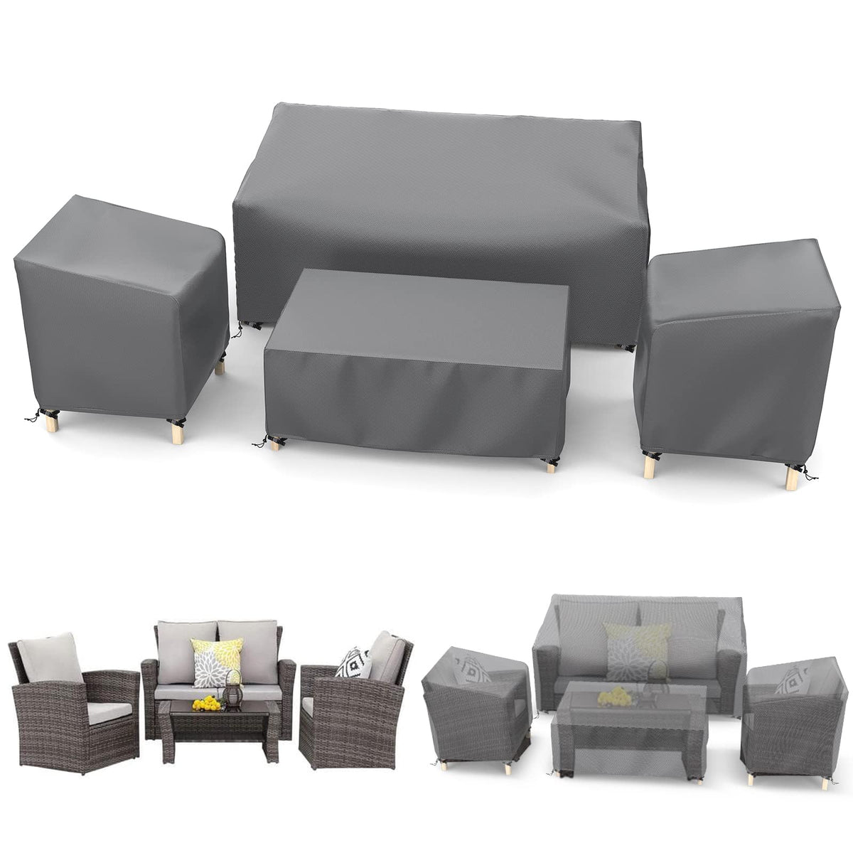 STARTWO front view of full 4-piece set protecting patio — clear protection