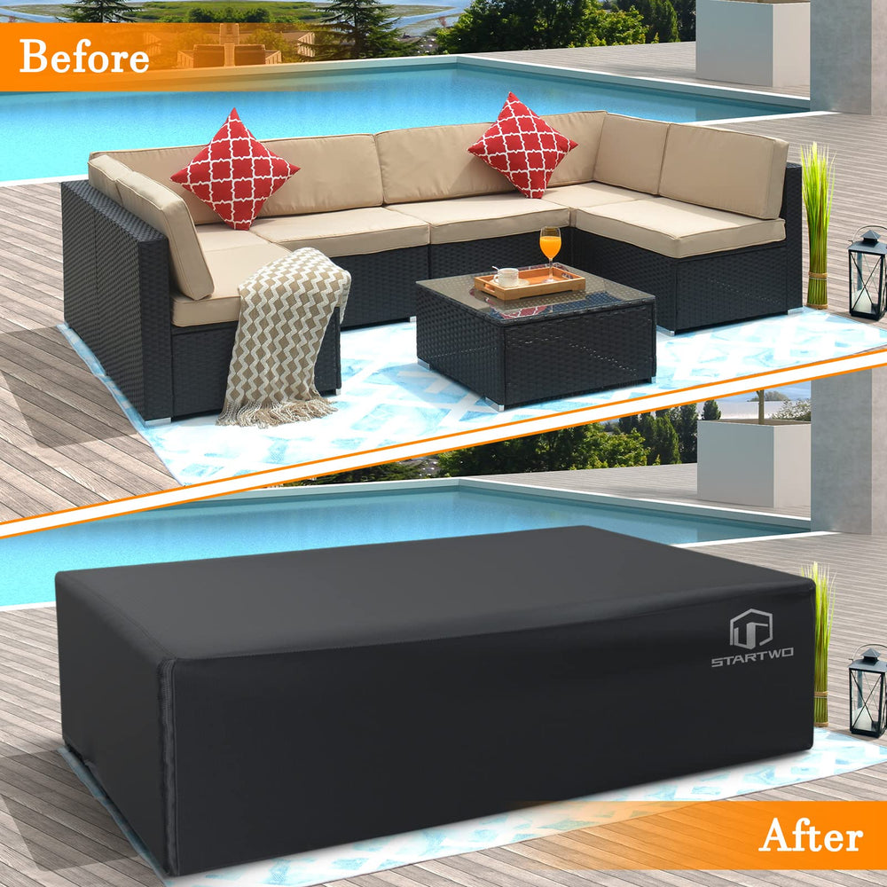 STARTWO lifestyle evening patio scene with cover, preserving furniture from elements