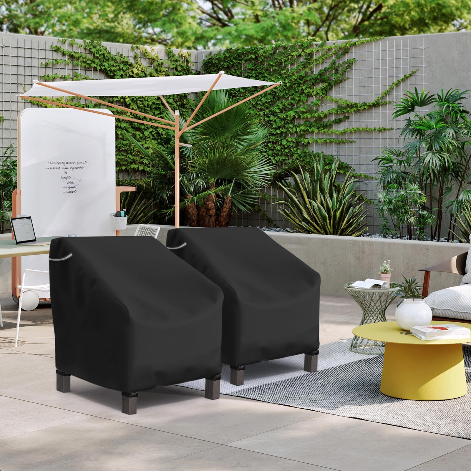 STARTWO lifestyle patio scene with covered chairs showing neat outdoor furniture protection