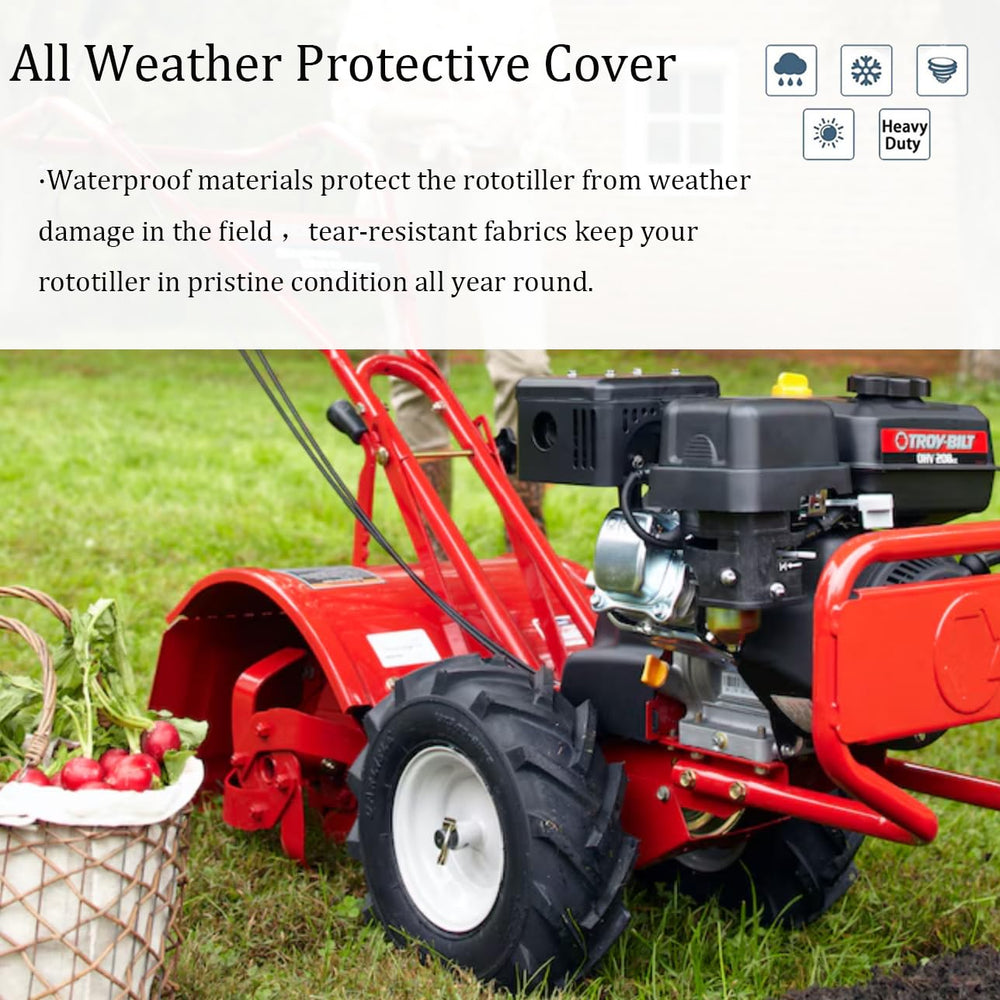 STAYDEN cover beside a standard rototiller showing fit and size compatibility