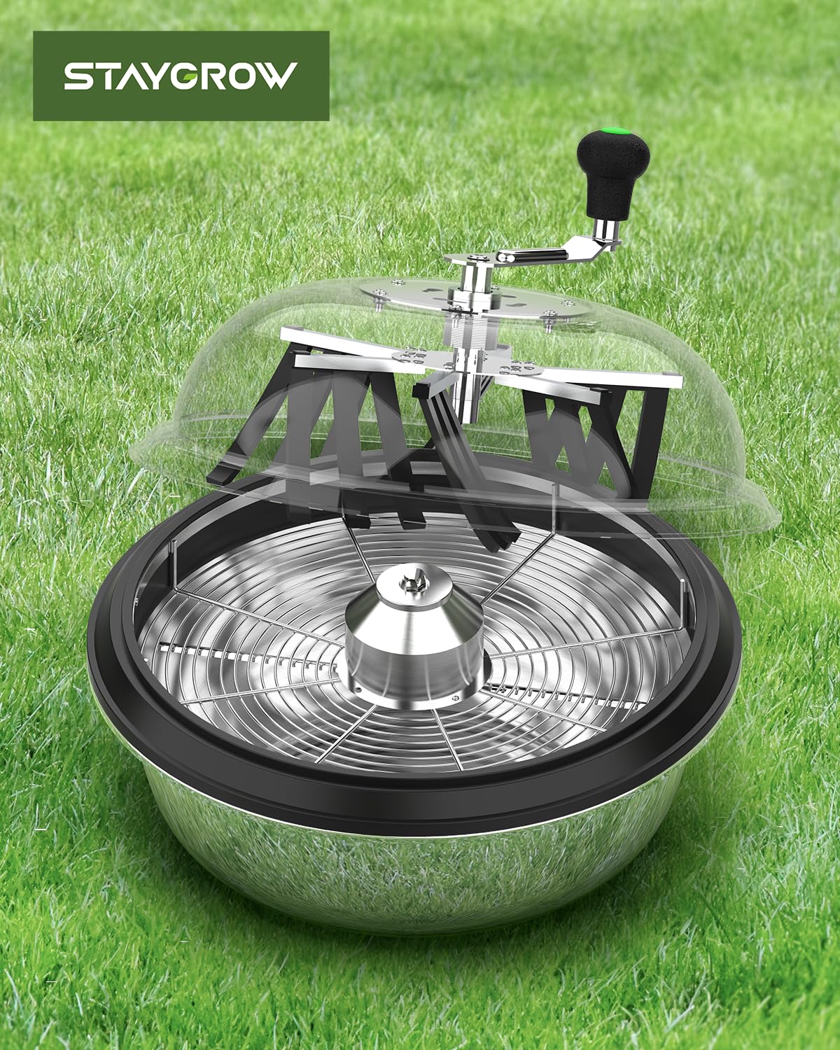STAYGROW next to hands for scale showing 16-inch capacity and space-saving design