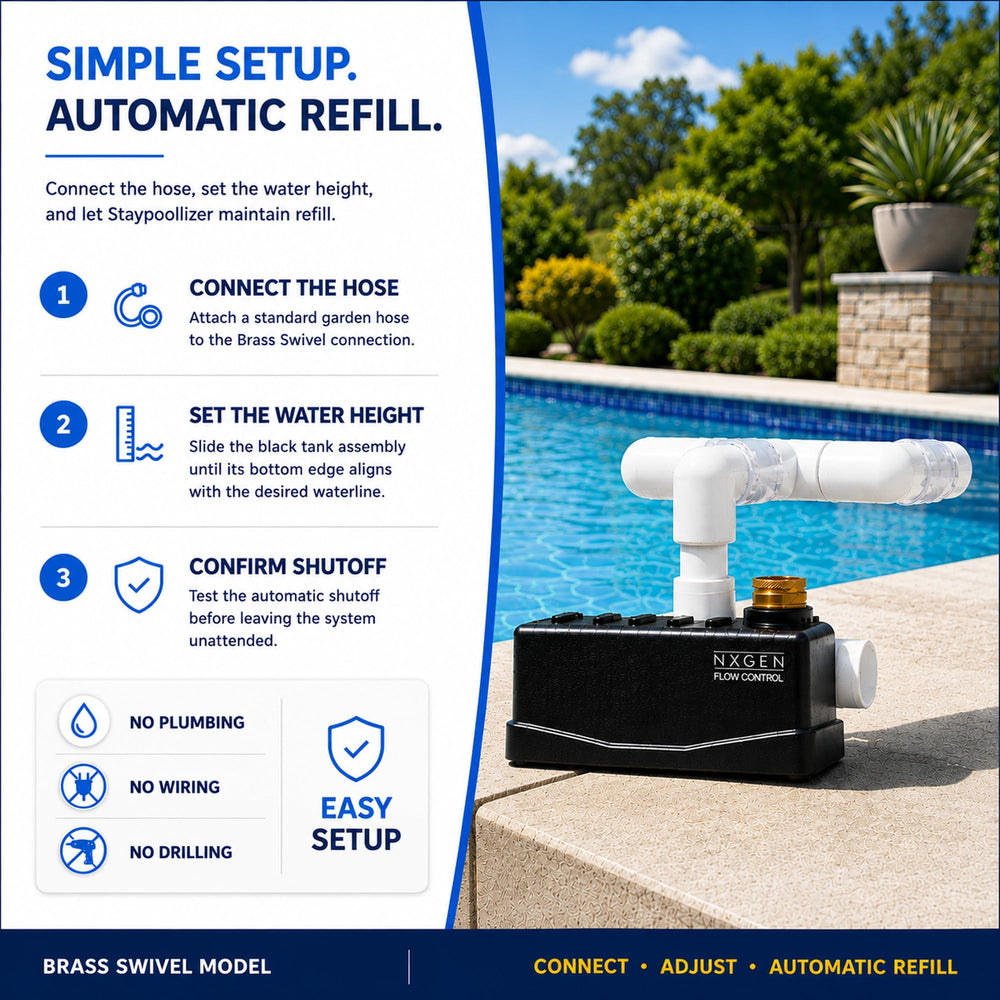 Staypoollizer tool-free slide adjustment detail showing easy water-level setting benefit