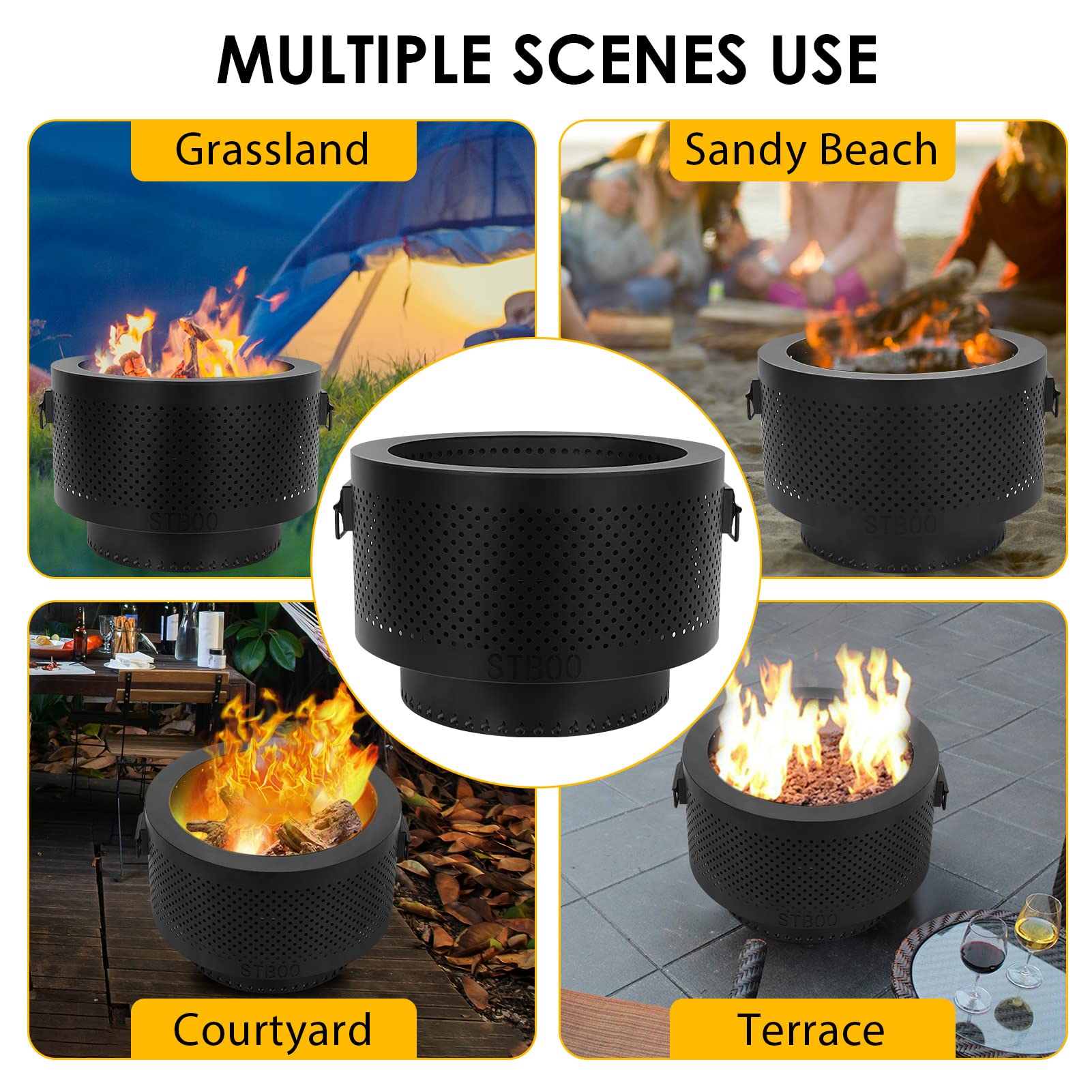STBoo fire pit beside chair showing compact size and space-saving benefit