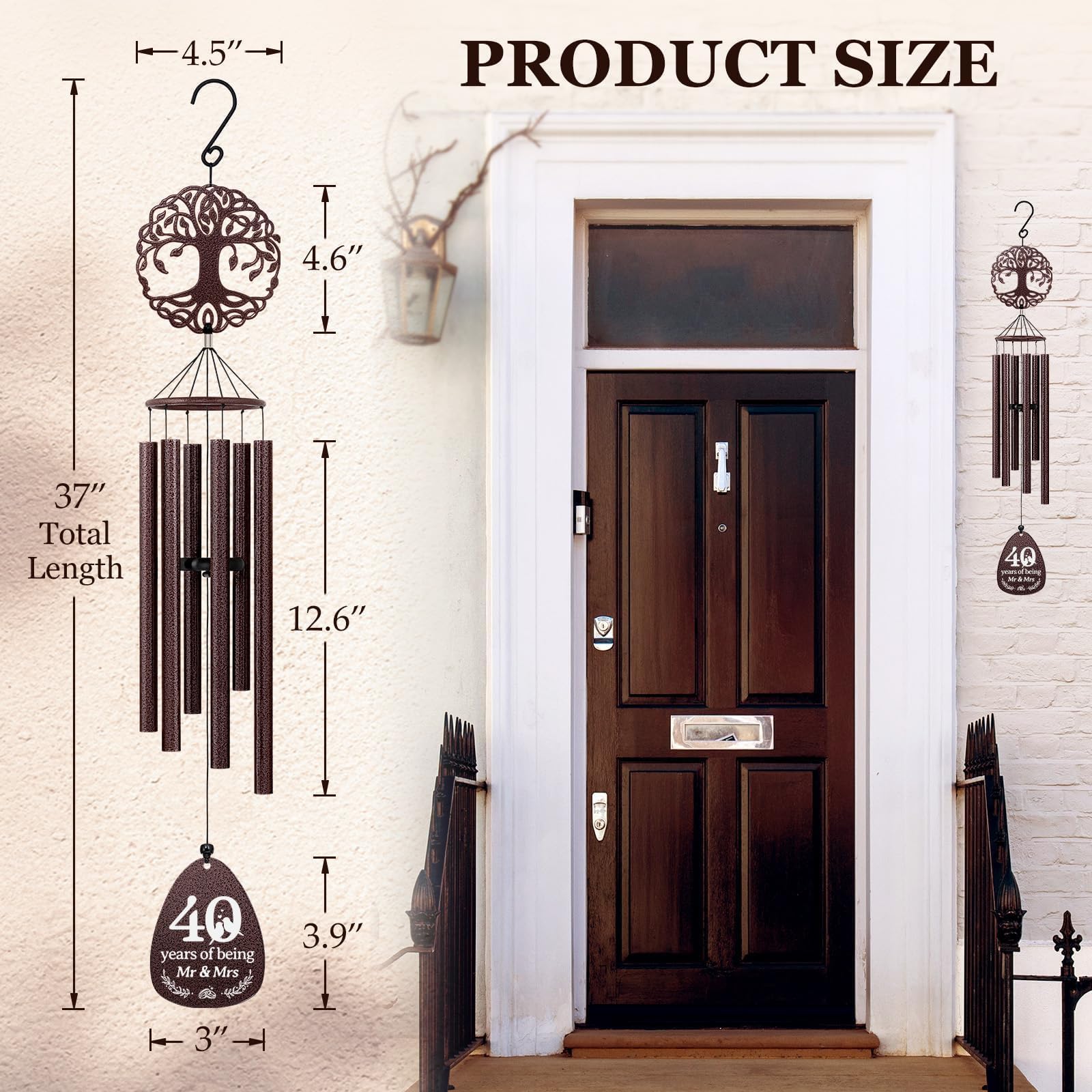 SteadStyle wind chime beside a chair showing scale and appropriate outdoor placement