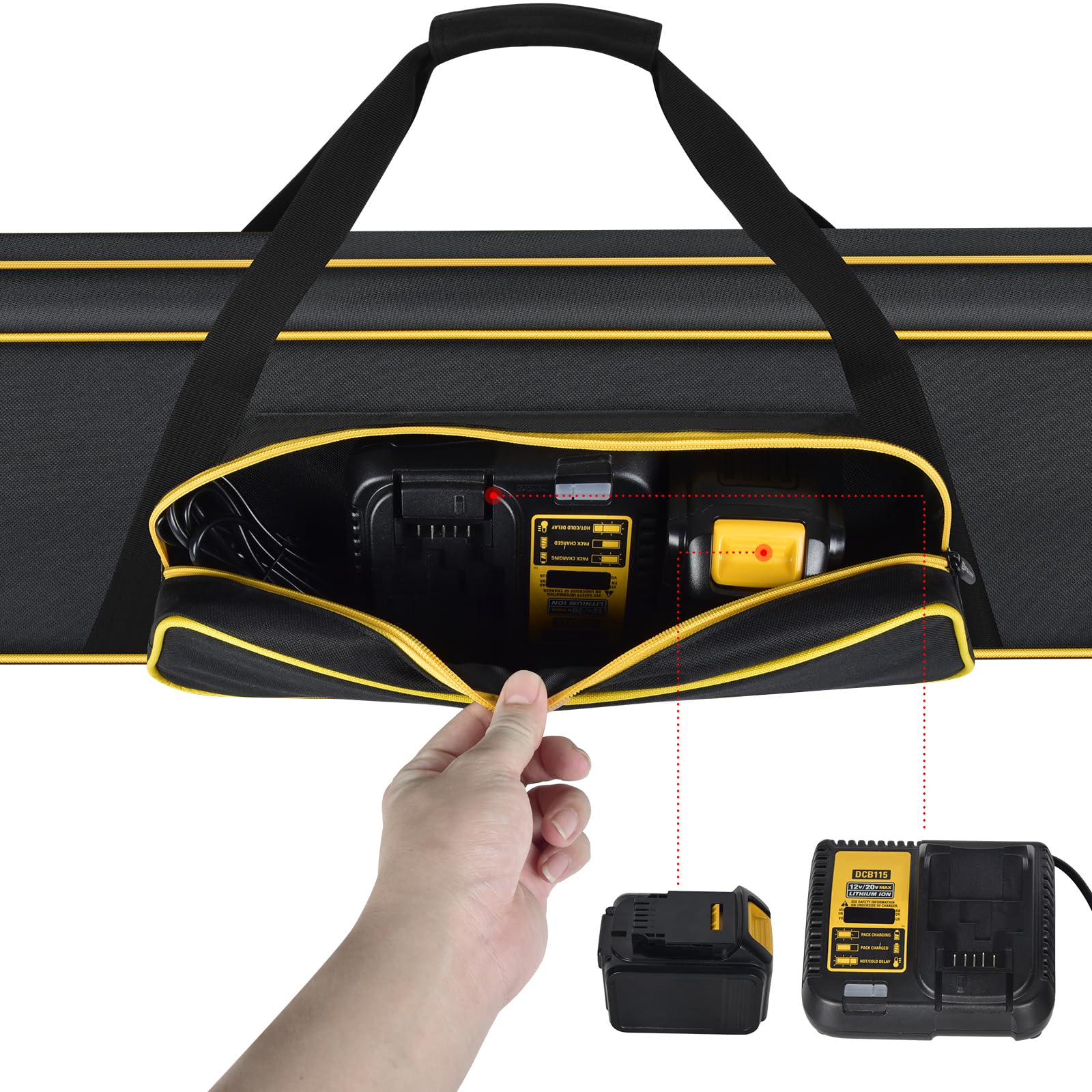 Steadtep bag next to measuring tape showing fit for 44-inch pole saws