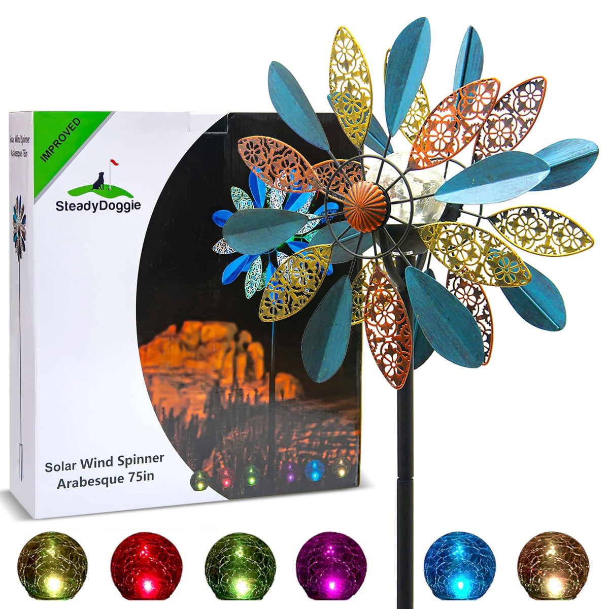 SteadyDoggie front view of 75-inch arabesque wind spinner showing height and design for curb appeal