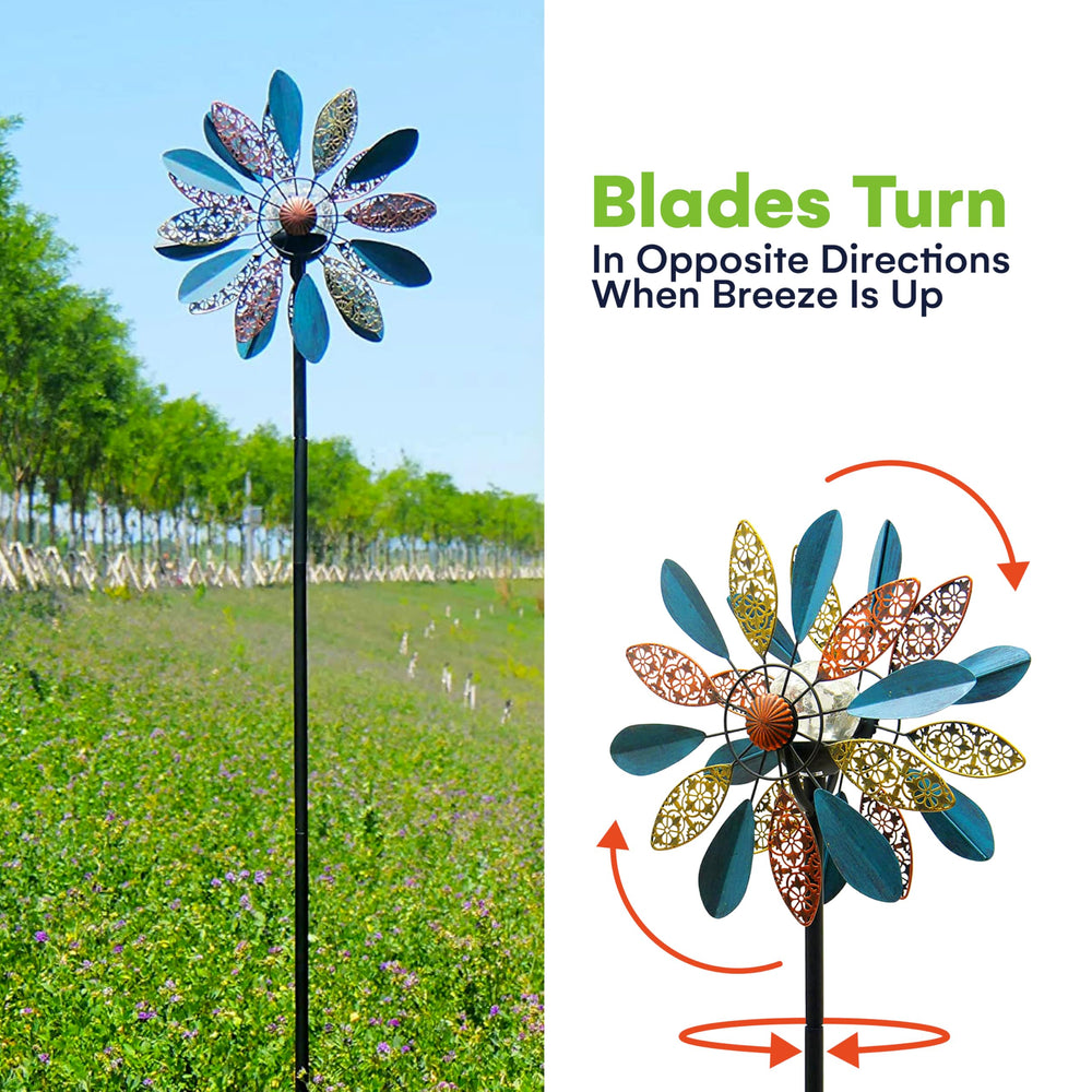 SteadyDoggie wind spinner placed in garden demonstrating motion and decorative enhancement
