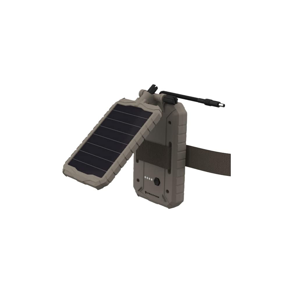 Stealth Cam solar pack front panel showing rugged housing and power indicators for reliable field power