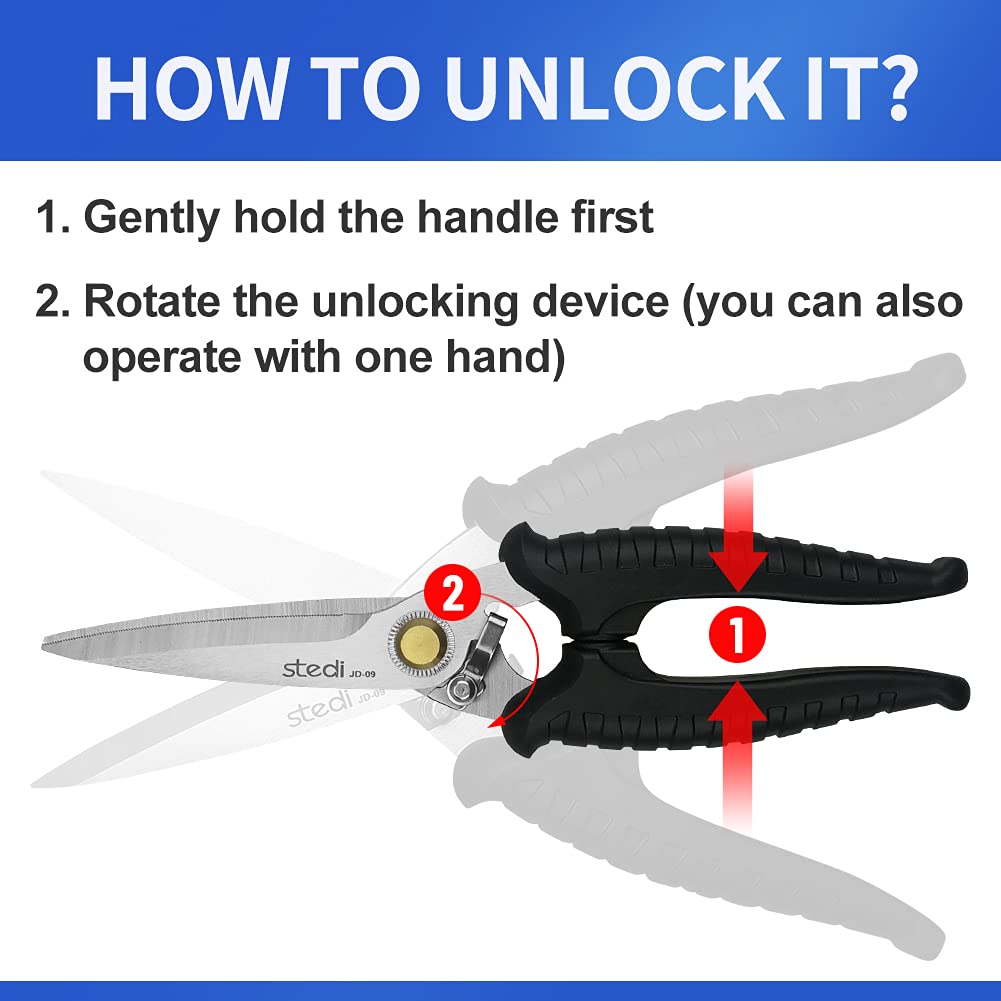 stedi scissors cutting thick rope showing serrated edge prevents slippage and tears cleanly