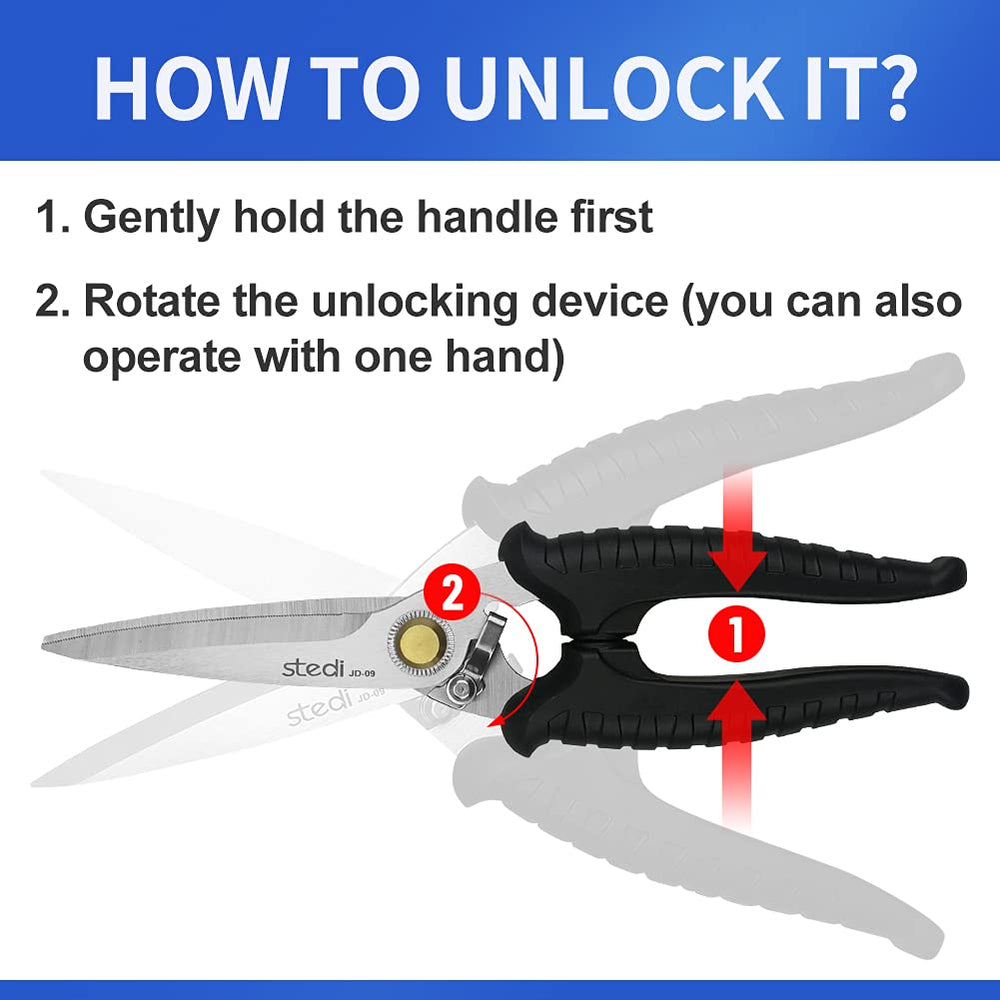 stedi scissors cutting thick rope showing serrated edge prevents slippage and tears cleanly