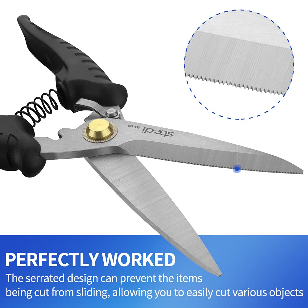 stedi scissors next to ruler showing 8.2-inch scale for size and portability