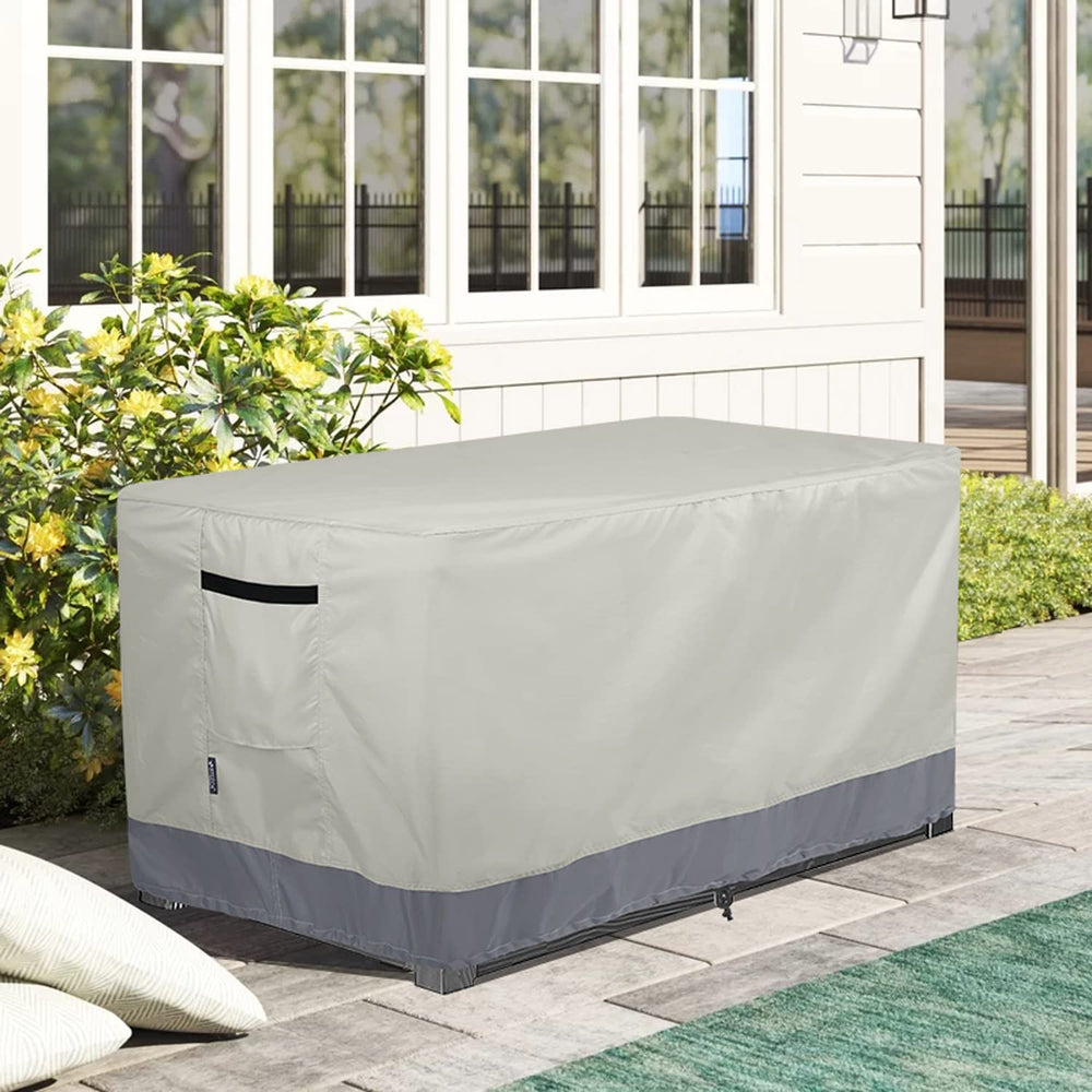 STEECA cover in snowy yard protecting storage bench from moisture