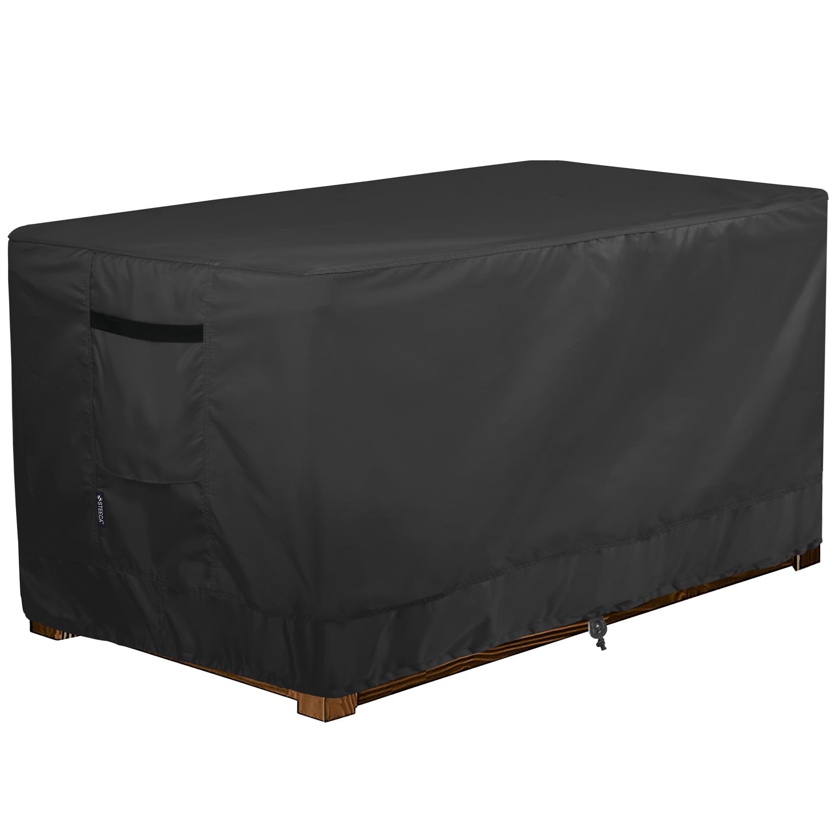 STEECA front view of black deck box cover showing full fit and protection benefit
