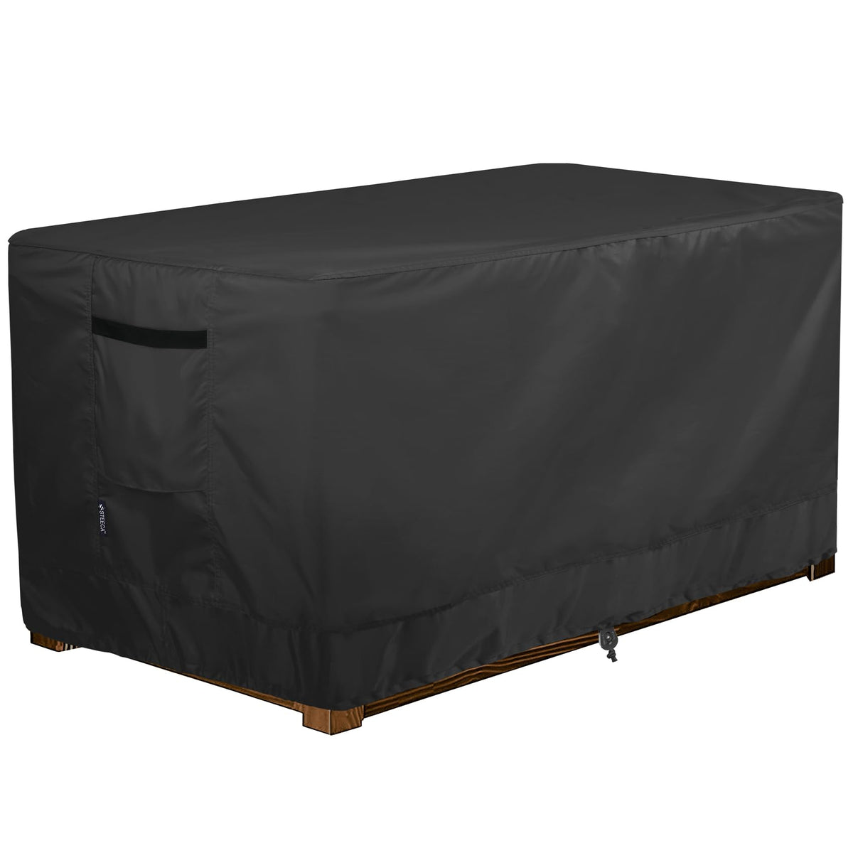 STEECA front view of black deck box cover showing full fit and protection benefit