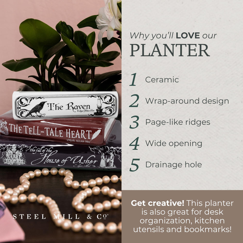 Steel Mill and Co. planter styled on bookshelf showing literary decor for home