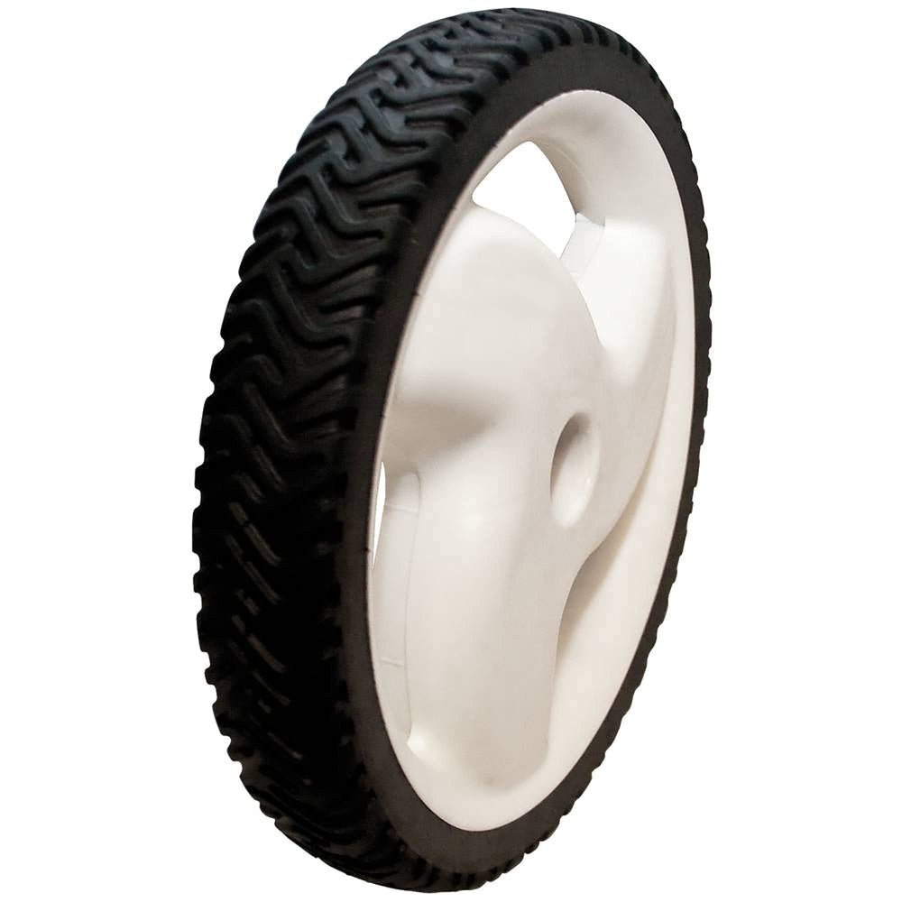 Stens 205-268 front view showing black rear wheel and radial tread benefits traction