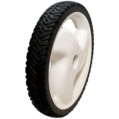 Stens 205-268 front view showing black rear wheel and radial tread benefits traction