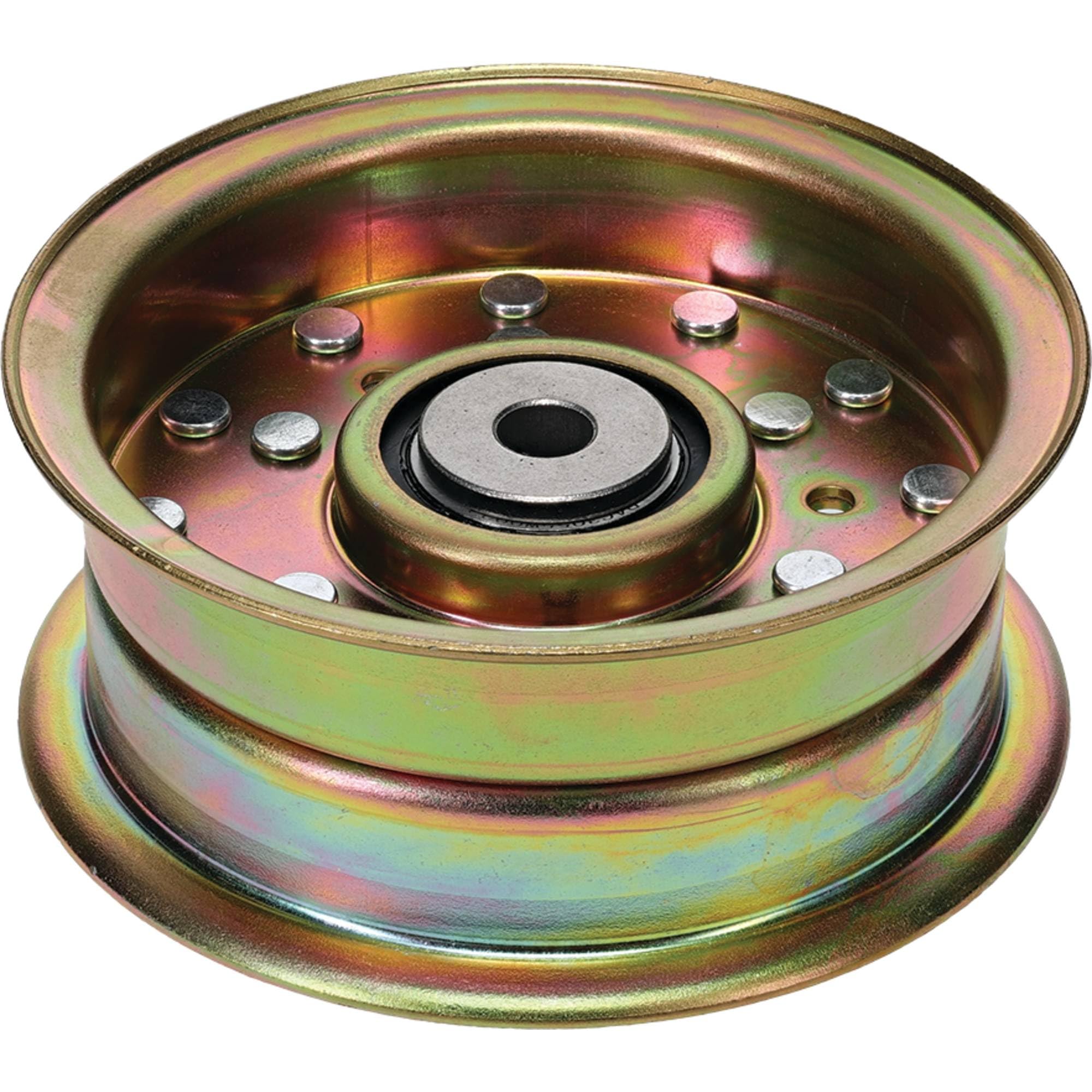 Stens steel idler pulley front view showing mounting holes and durable finish