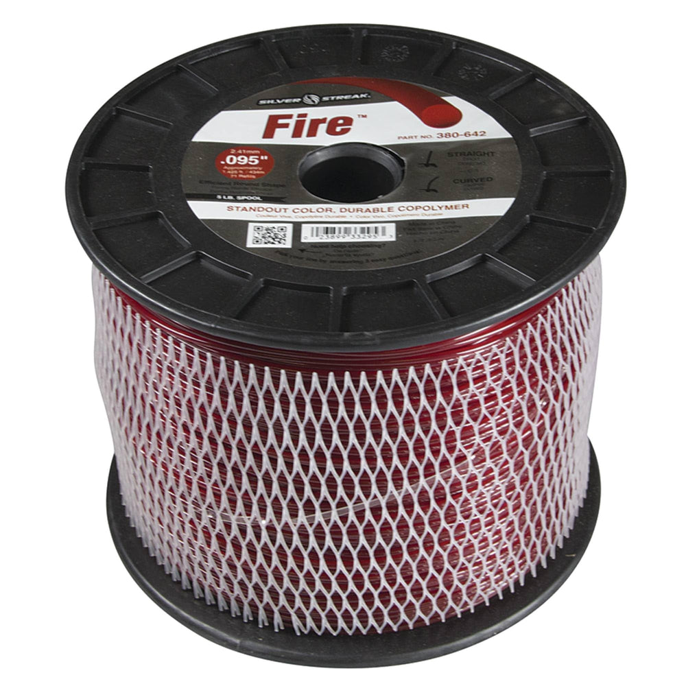 Stens branded 5 lb spool front view showing red .095" line and label benefits