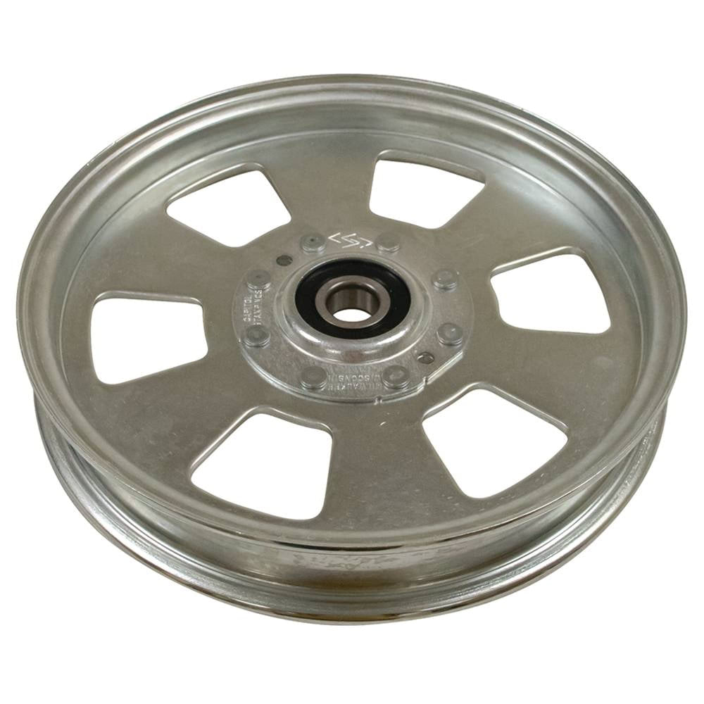 Stens flat idler front view showing metal pulley and mounting hole, ensures correct fit