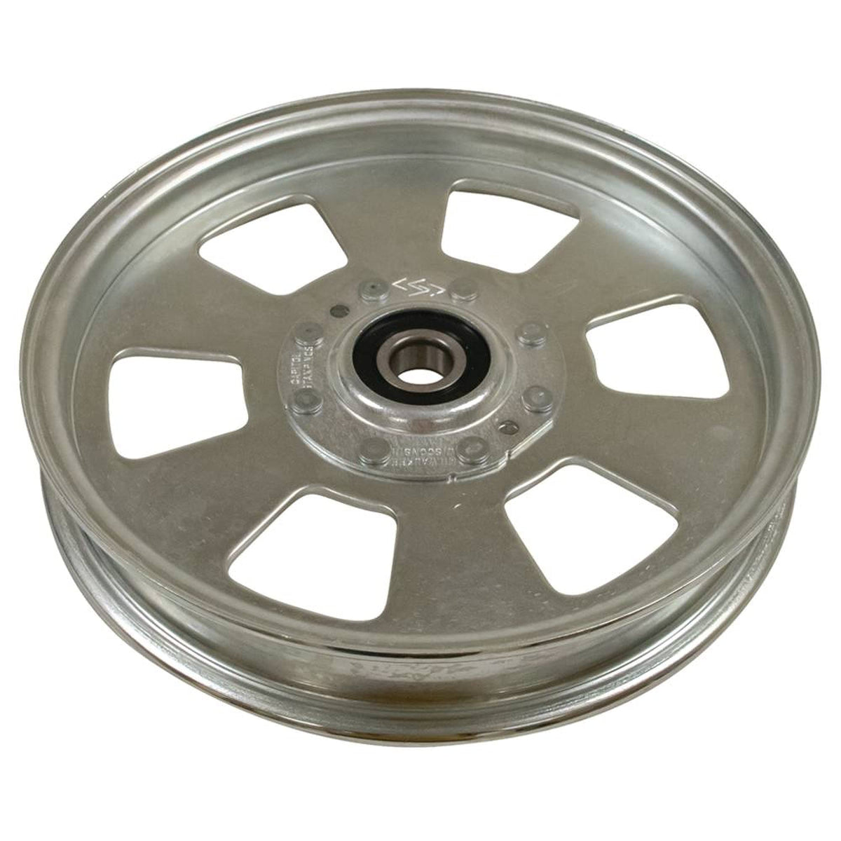 Stens flat idler front view showing metal pulley and mounting hole, ensures correct fit
