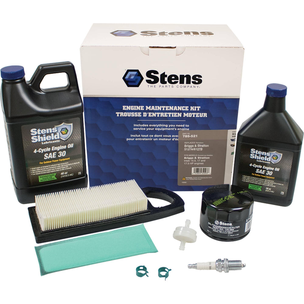Stens kit components laid out to show included parts and simplify pre-service checks