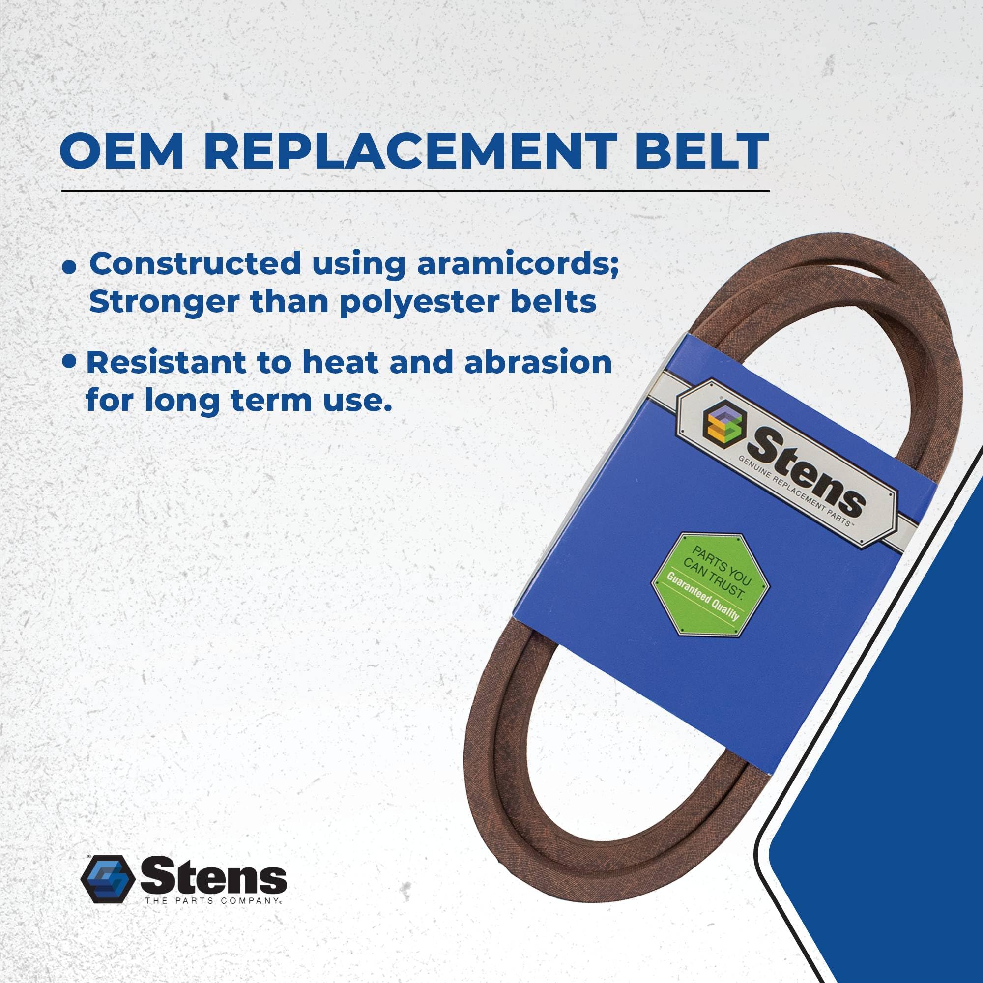 Stens belt next to measuring tape confirming the 83 5/8 inch length