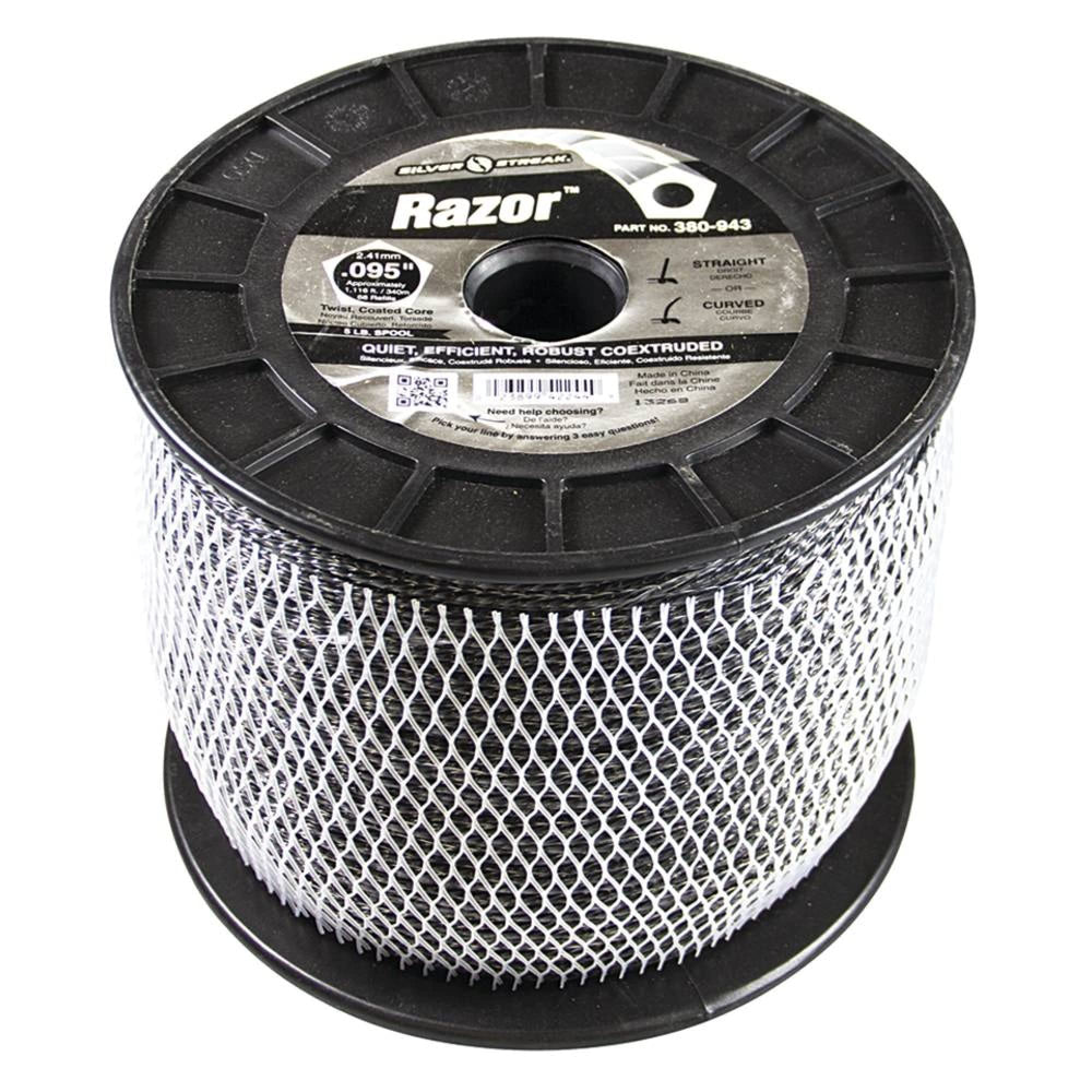 Stens Silver Streak front view 5 lb spool showing label and length benefit