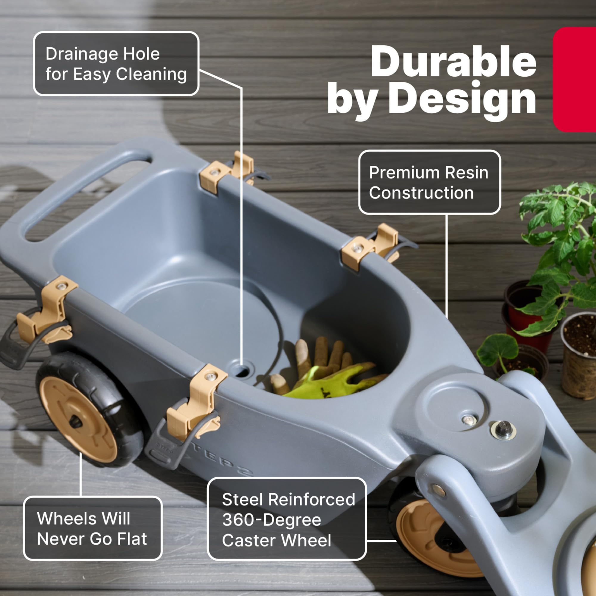 Step2 heavy-duty flat-free wheel and 360 caster detail for smooth rolling