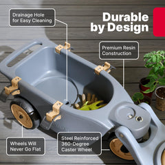 Step2 heavy-duty flat-free wheel and 360 caster detail for smooth rolling