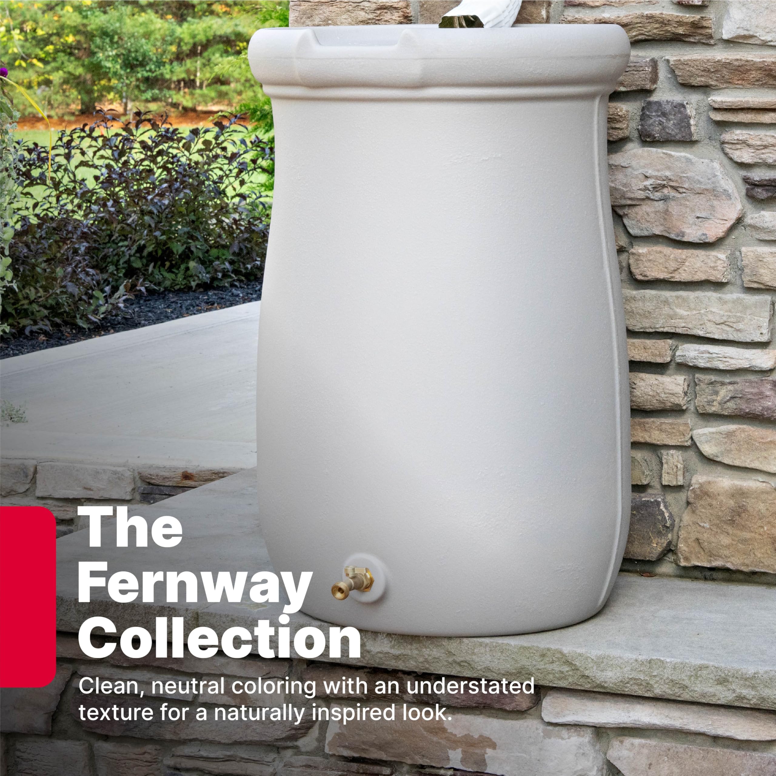 Step2 Fernway next to garden buckets showing 50-gallon scale for planning storage