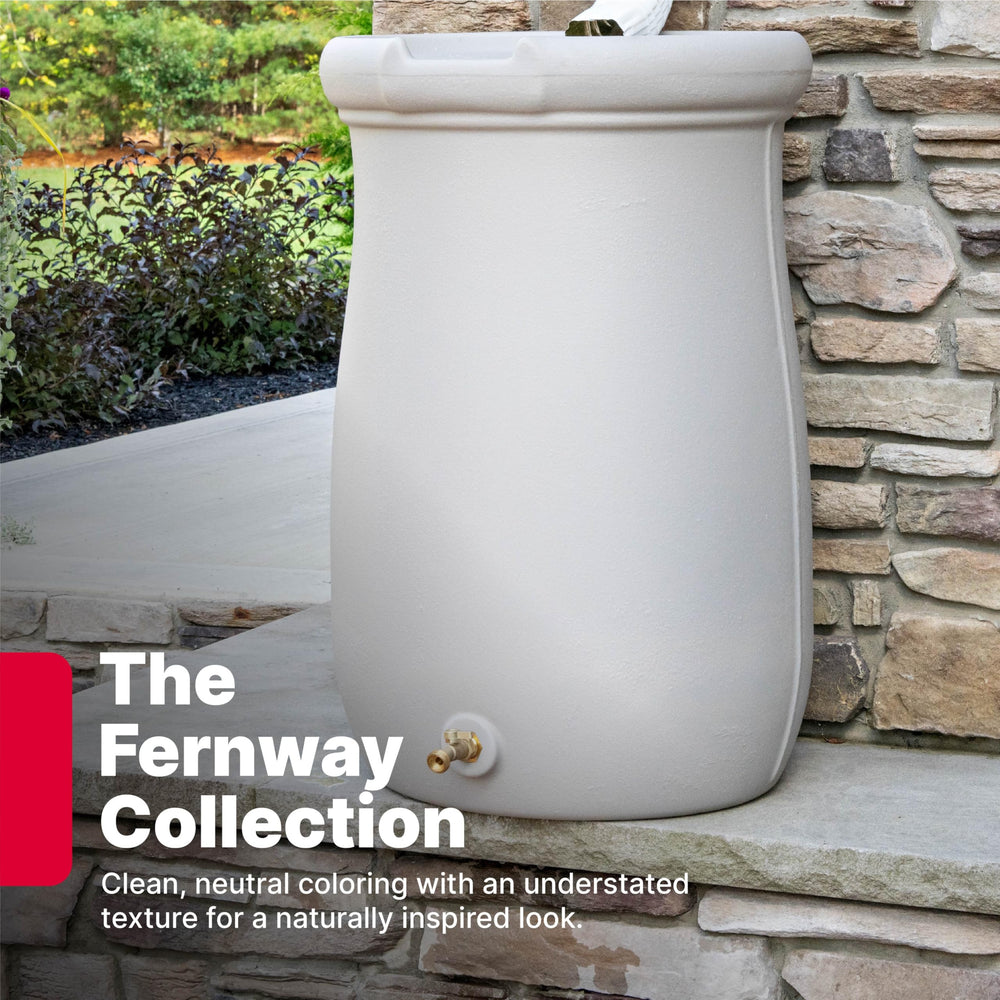 Step2 Fernway next to garden buckets showing 50-gallon scale for planning storage