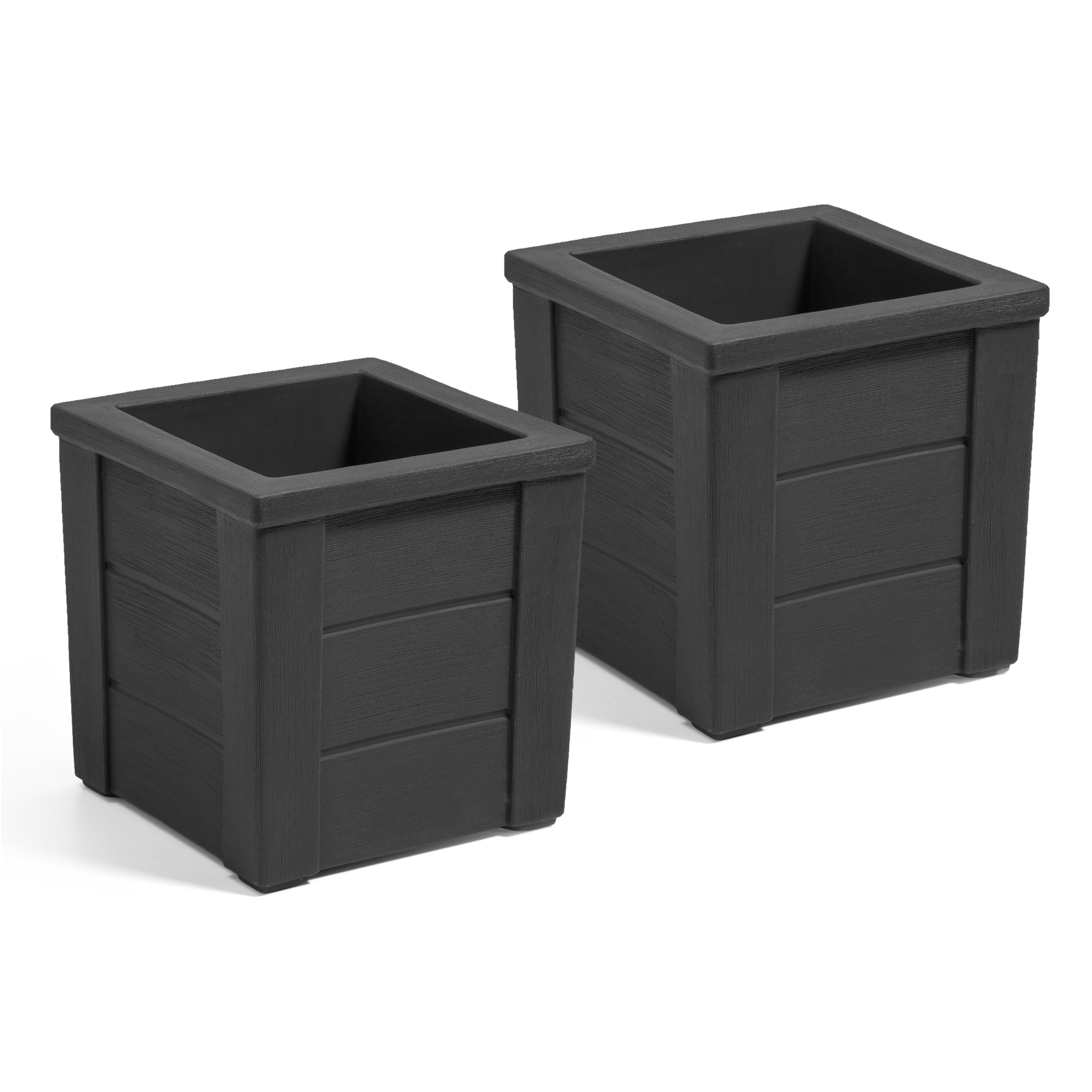 Step2 Lakewood planter front view showing black wood-look finish and tidy planting benefit
