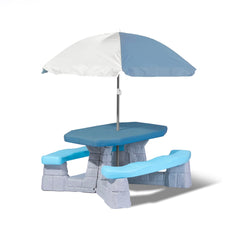 Step2 picnic table front view showing full set and umbrella, durable seating benefit