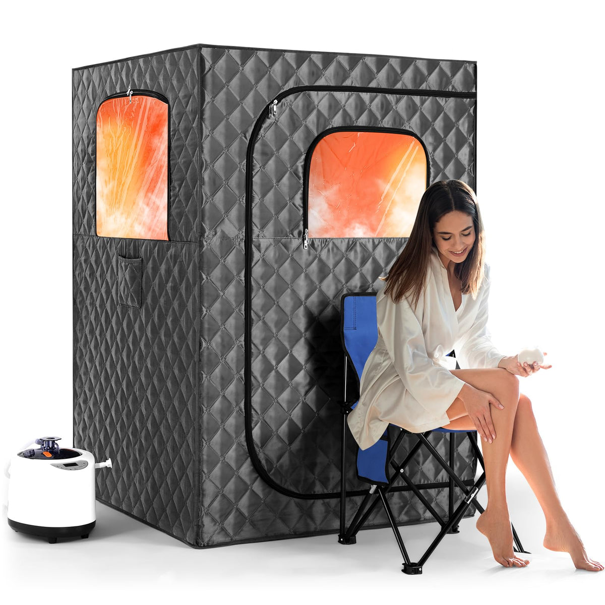 Steupoek front view of assembled sauna tent showing compact home spa benefit