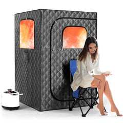 Steupoek front view of assembled sauna tent showing compact home spa benefit