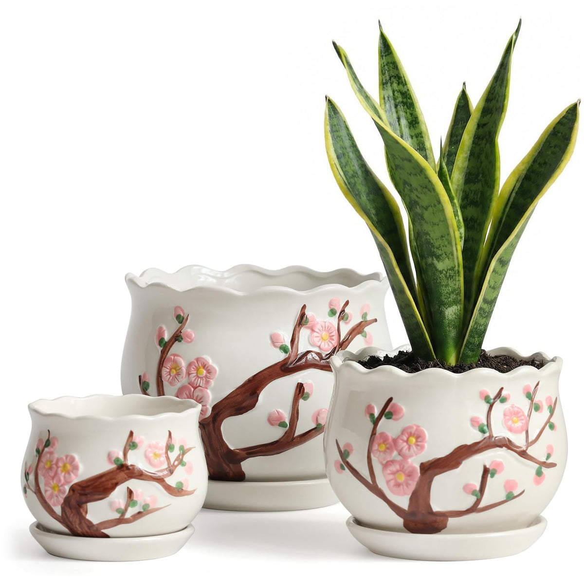 STHIE front view of three ceramic planters showing sizes and floral design, enhances décor