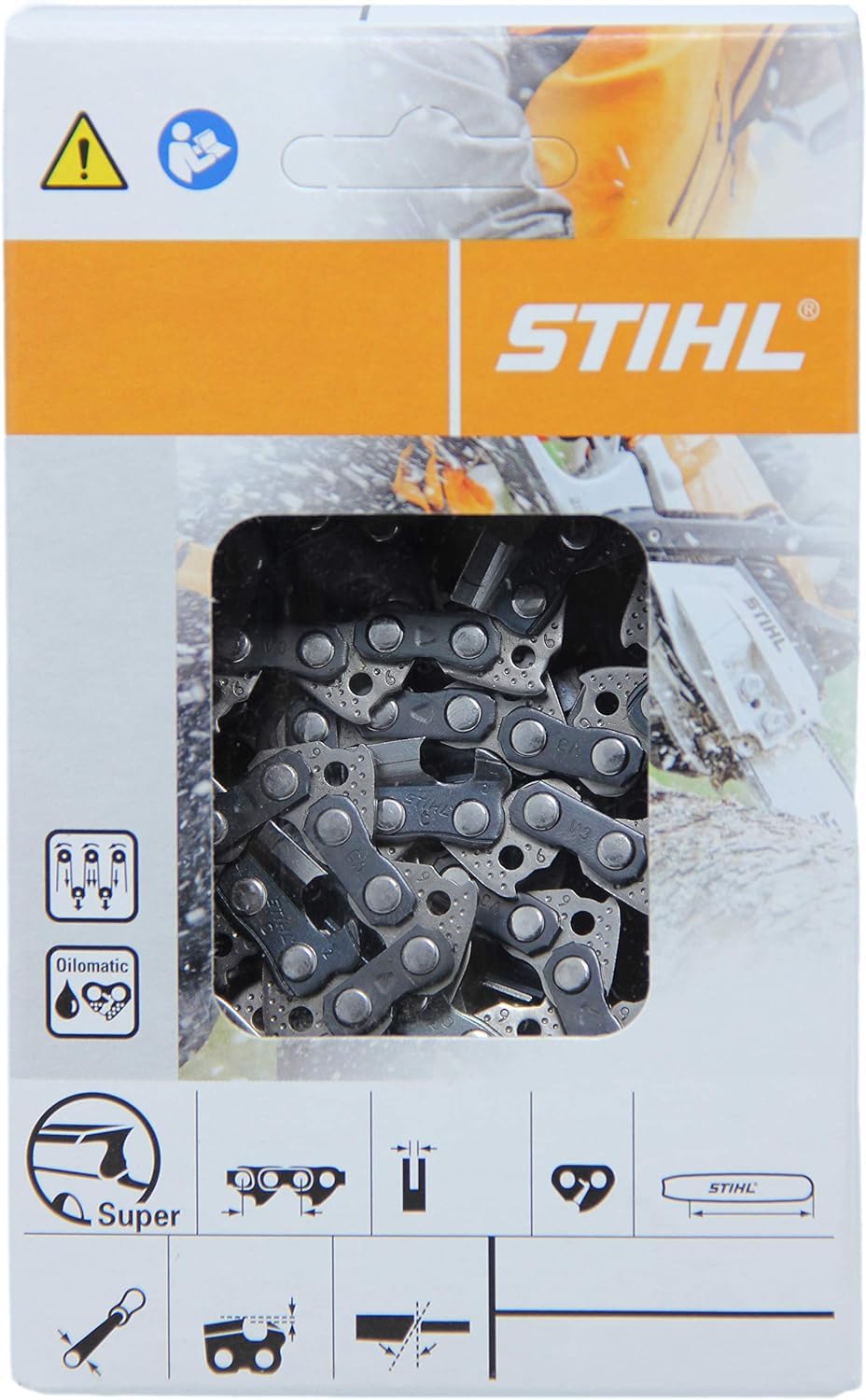 Stihl chain on 16-inch bar showing fit and clean cutters for reliable cutting performance