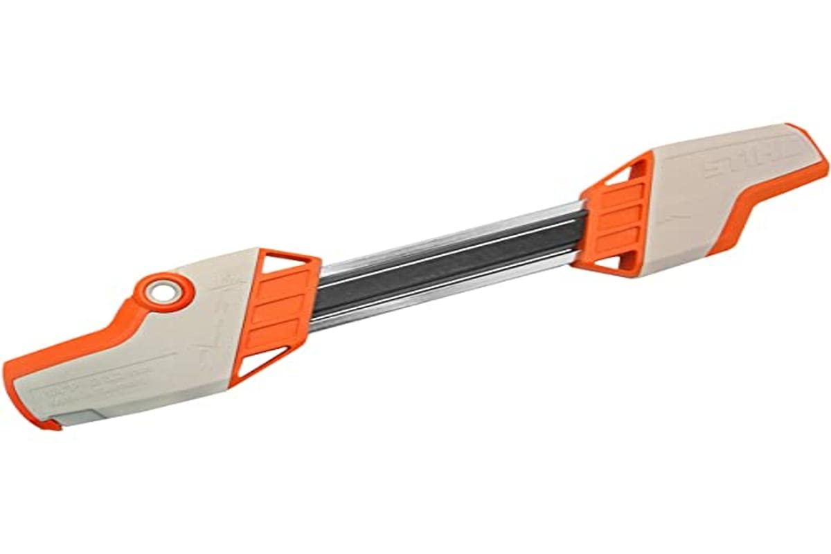 Stihl 2-in-1 file holder front view showing files and guide for faster accurate sharpening