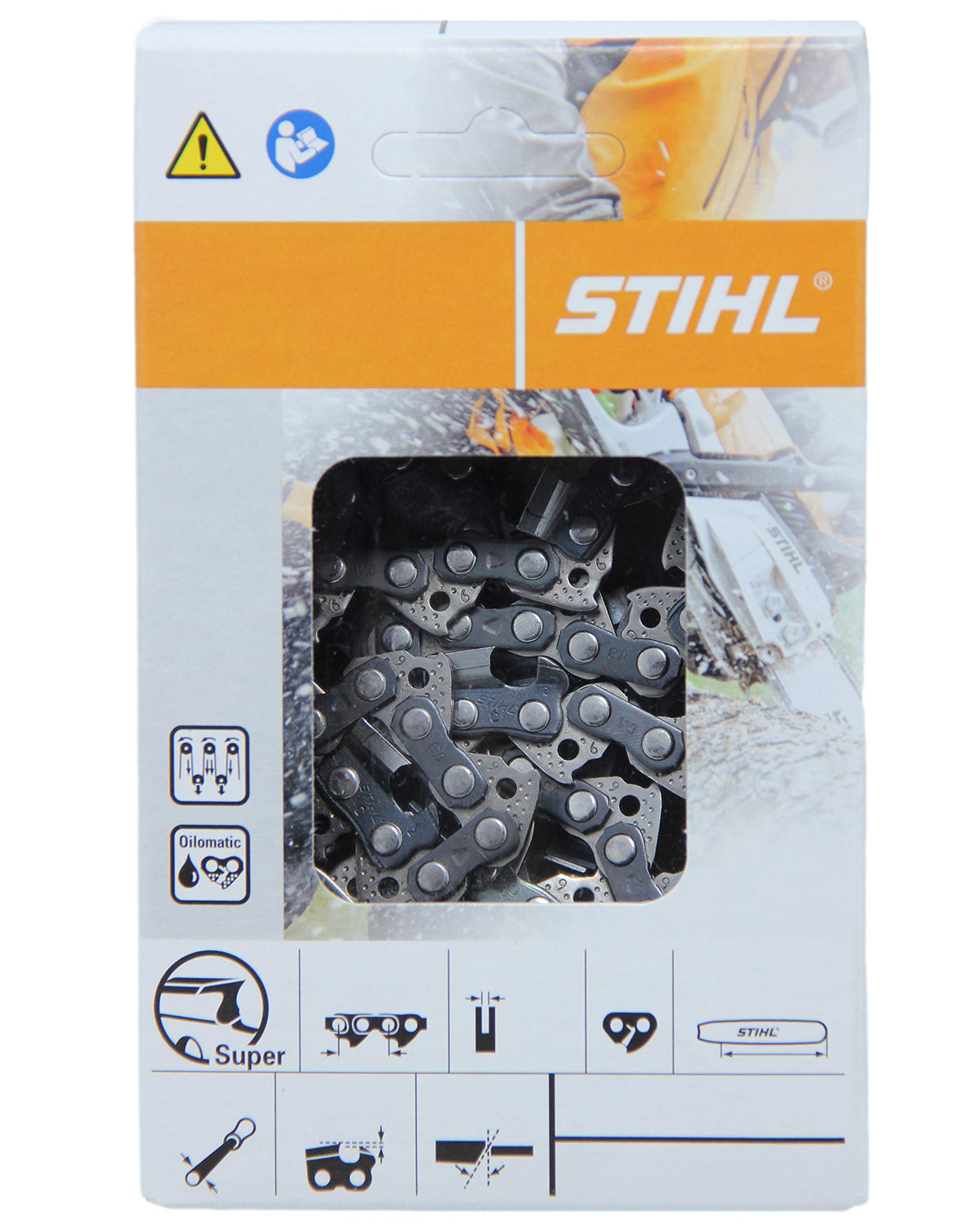 Stihl chain on 18-inch bar front view showing fit and quick replacement benefit