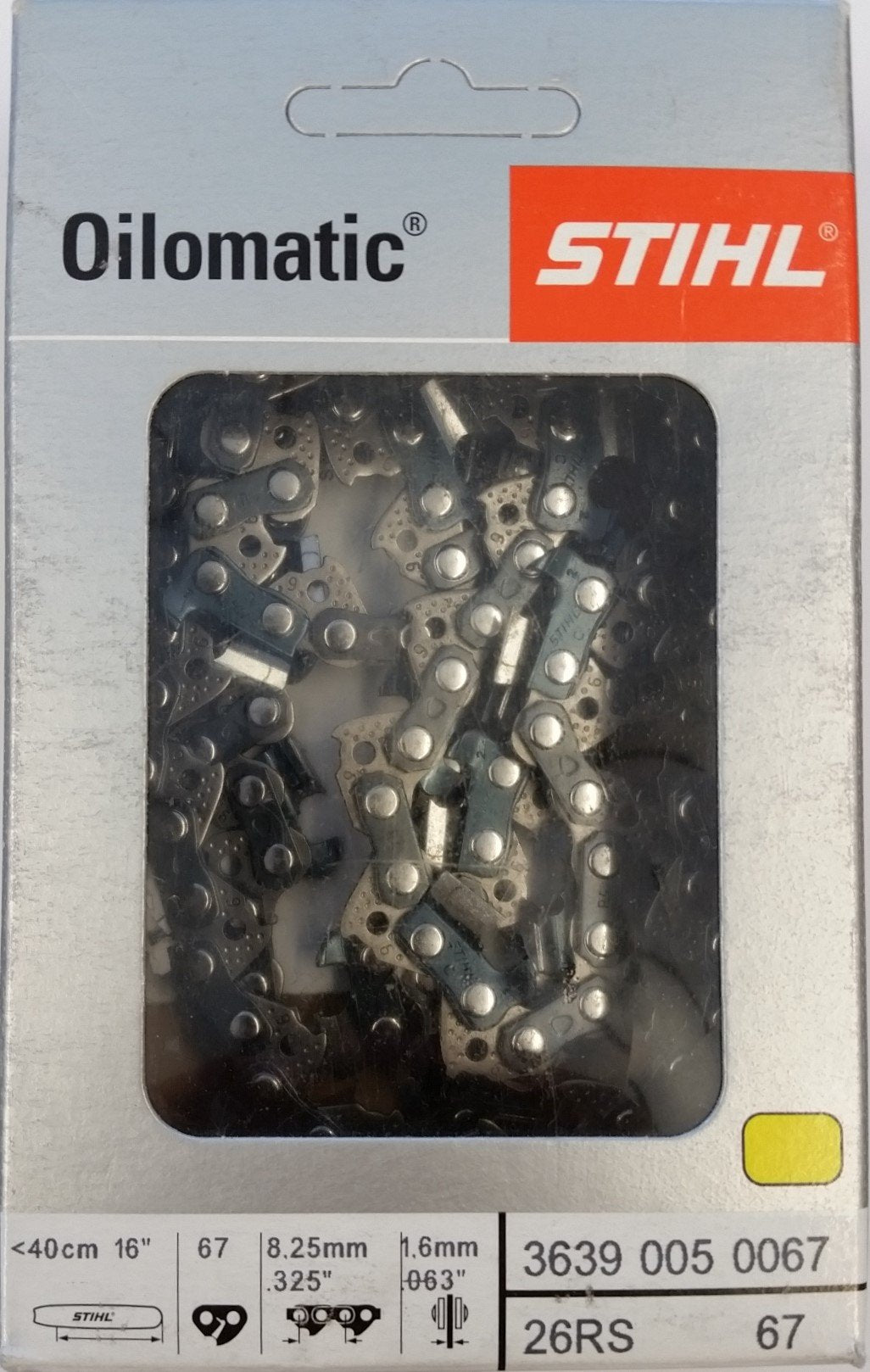 Stihl chain front packaging showing model and part number, ensuring correct replacement