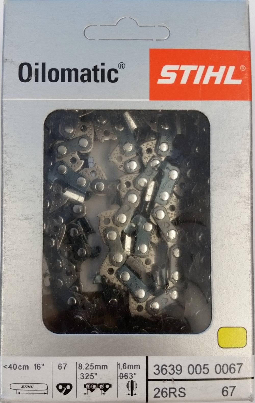 Stihl chain front packaging showing model and part number, ensuring correct replacement