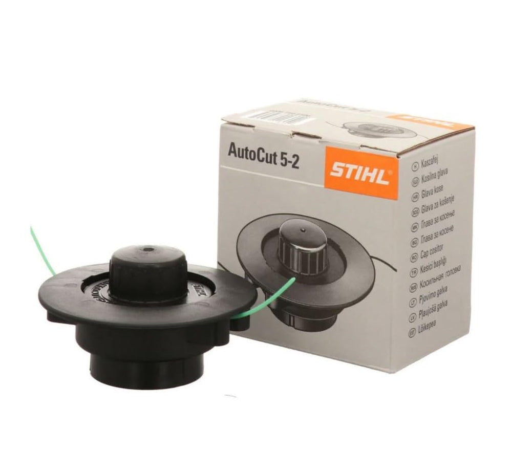 STIHL AutoCut trimmer head front view showing double-line exit and durable housing for fast trimming