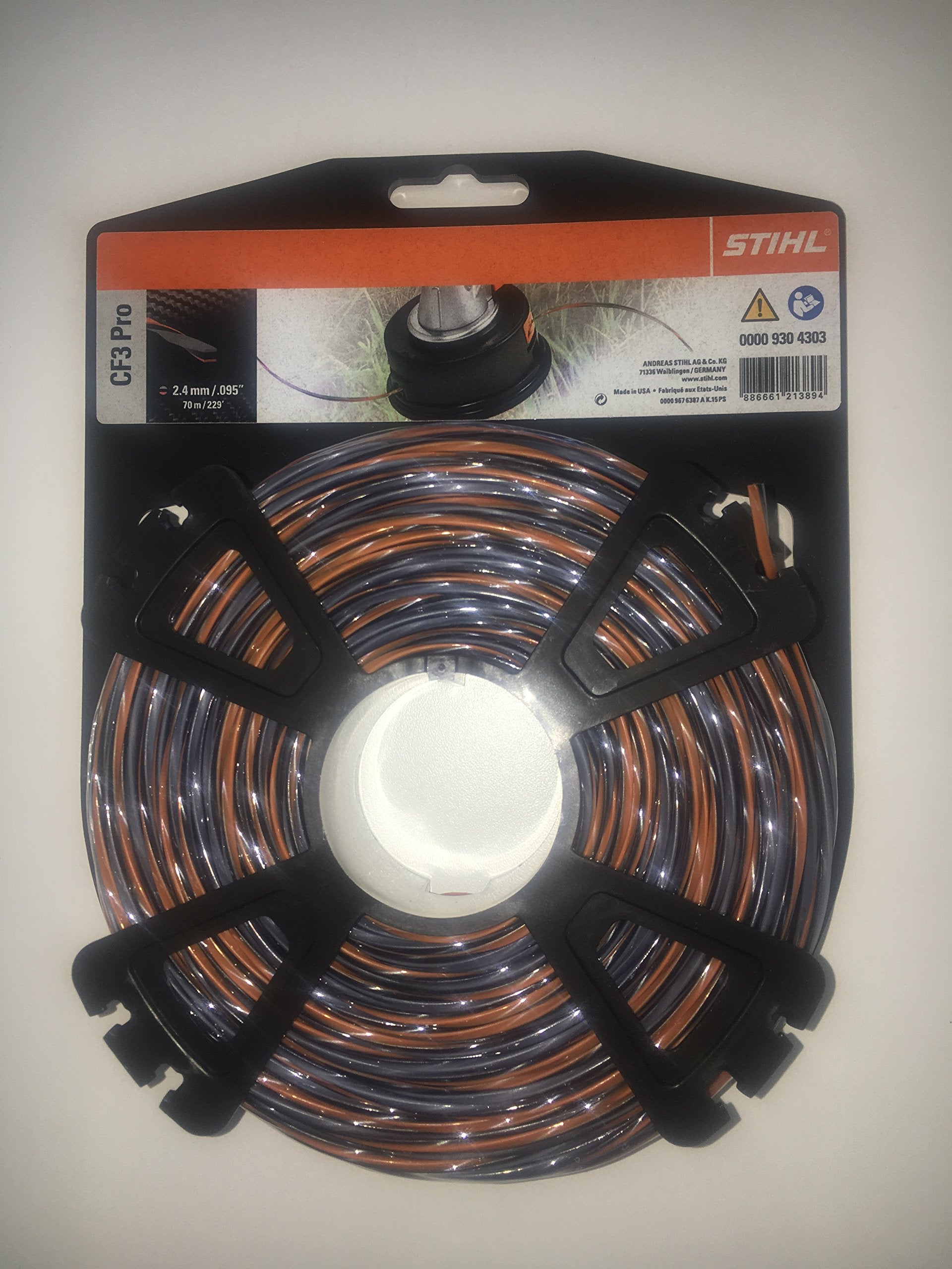 Stihl CF3 front spool close-up showing cross profile for cleaner cuts