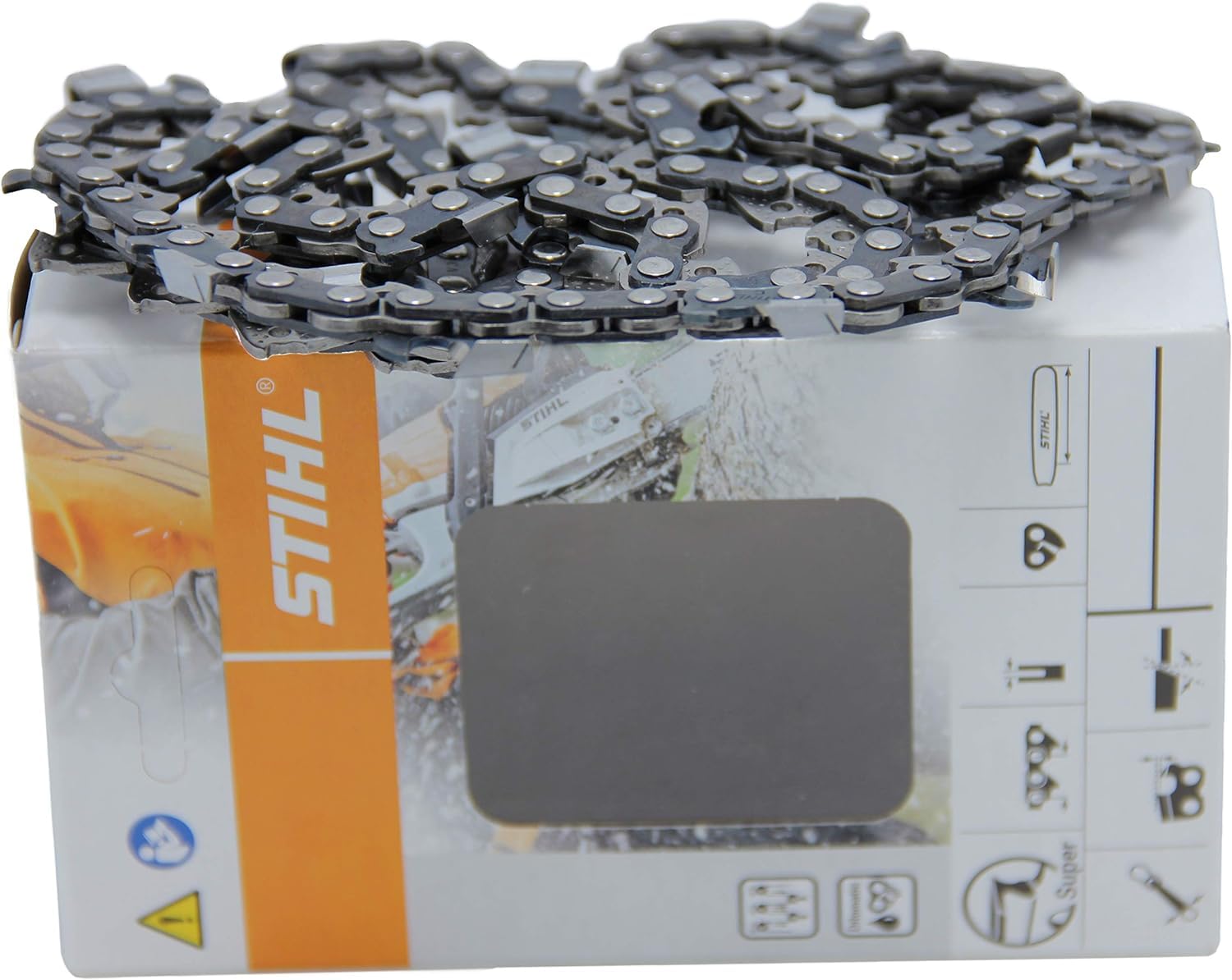 Stihl open box revealing factory-sealed chain ensuring untouched condition