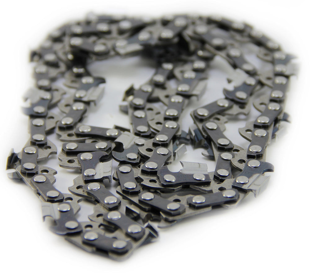 Stihl chain beside ruler showing 74 drive links for accurate compatibility benefit
