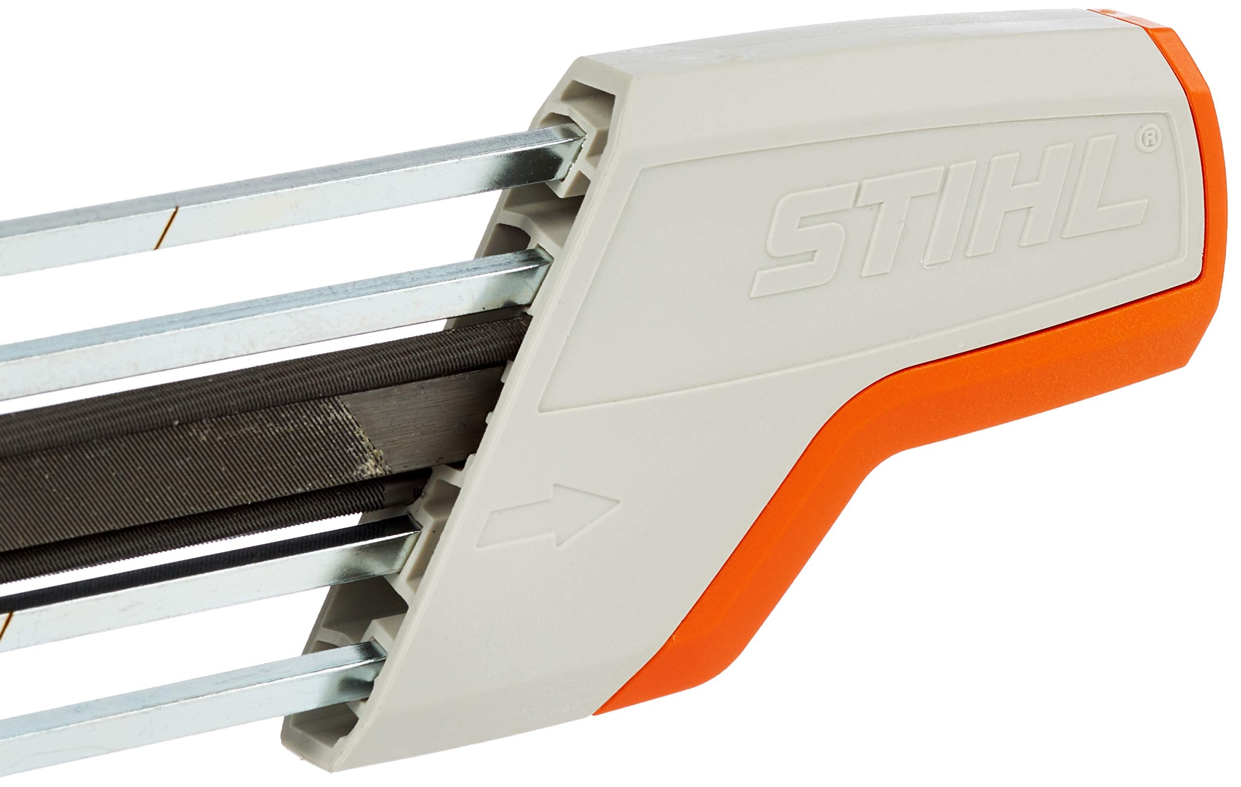 Stihl file holder in use sharpening a chainsaw tooth for faster on-site maintenance benefit